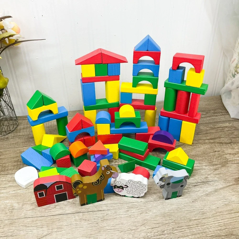 Wooden Building Blocks Farm Set Barn Animals Horse Sheep Goat 80+ Pieces Kids